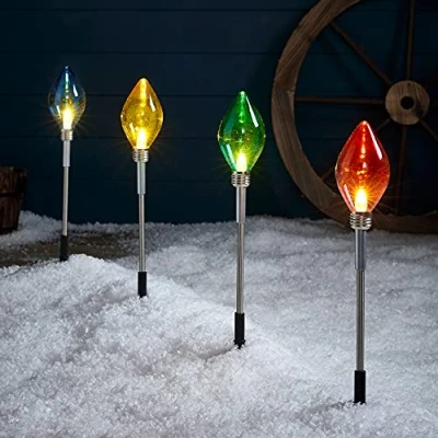 Image of Lights4fun Set of 4 Multi Colored C9 Light Bulb Battery Operated LED Outdoor Christmas Decoration Garden Stake Path Lights 46cm