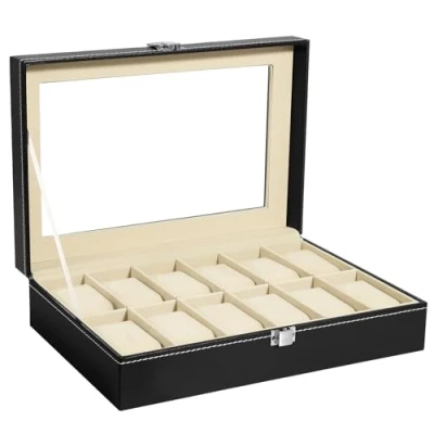 Image of Uten Watch Boxes 12 Slots, Box for Men, Display Case, Storage with Removable Cushion, Metal Clasp, PU Leather, Black/Beige