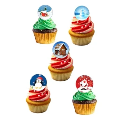 Image of 24 PRECUT Christmas Clipart Edible Wafer Paper Round Cake Toppers Decorations