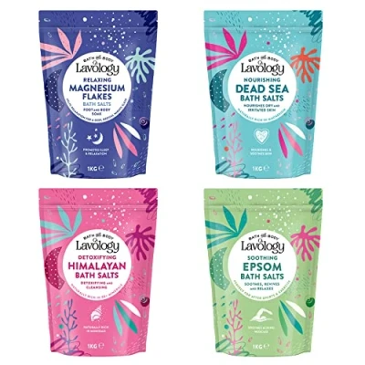 Image of Bath Salts Bundle by Lavology 1kg x4 Magnesium Flakes, Dead Sea Salt, Himalayan Epsom Salt All Natural Ingredients