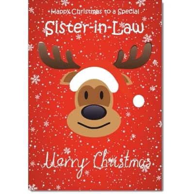 Image of doodlecards Sister in Law Christmas Card Rudolph on Red Background Medium Size for with Plain Envelope