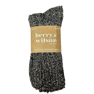 Image of Berry &amp; Wilson 2 Pairs Men’s Super Comfort Wool Boot Socks With Rib Leg Soft Grip Top (BLACK GREY)