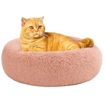 Image of SEOUGEE Calming Donut Cat Bed, Fluffy Plush Round Dog Cosy Soft Washable Cushion Warming Pet Beds with Non Slip Bottom, Indoor Sleeping Cuddler Nest for Cats Puppy Kitten (Dusty Pink 40cm)