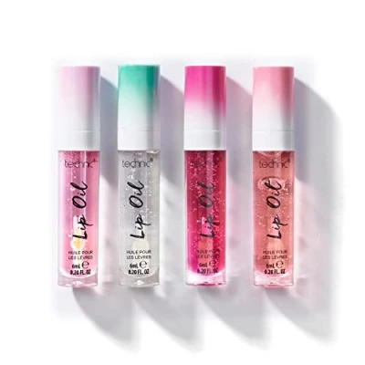 Image of Technic Lip Oil Bundle 4 Flavoured, Non Sticky, Hydrating Oils With a High Shine Glossy Finish Mixed Variety Multipack Strawberry, Mint, Cherry, Orange