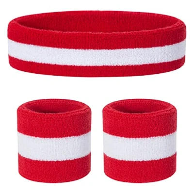 Image of ONUPGO Kids Sweatbands Headband Wristband Set Athletic Cotton Sweat Band for Sports (1 + 2 Wristbands) (Red/White/Red)