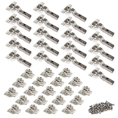 Image of Emuca Kit of 20 Inset Overlay Hinges x91. Ø35mm. Apertua 105 Soft Close for Latching Door and Euro Supplements with Eccentric Adjustment, Nickel Colour.