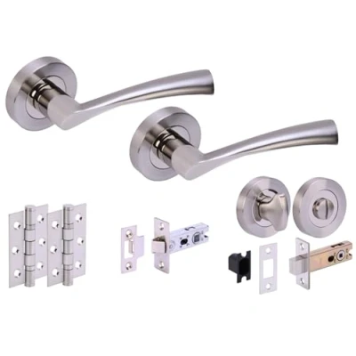 Image of HANDLEZONE® Lobo Door Handles on Rose Bathroom Deadbolt Pack with 75mm Ball Bearing Hinges, 76mm Latch and Lock Dual Polished/Satin Nickel