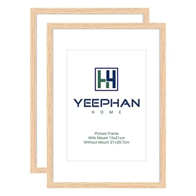 Image of A4 OAK Photo Frame Natural Wood Color 21x30cm Picture Frames Set of 2 with Mount for A5(15x21cm) Certificate or Poster Perspex Front Wall