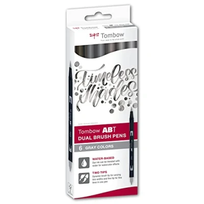 Image of Tombow ABT Dual Brush Pen, Grey Colours, Pen with Two Tips, Perfect for Hand Lettering and Bullet Journal, Water soluble, 6C 6, Set of 6