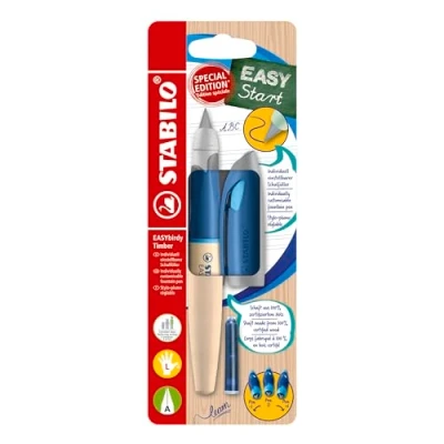 Image of STABILO Ergonomic School Fountain Pen EASYbirdy Timber A Nib (Beginner) Left Handed Pack of 1 Blue with Erasable Ink (Inc. Cartridge)