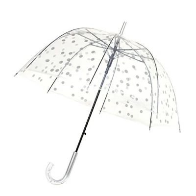 Image of SMATI Paris Lady’s Clear Birdcage umbrella in silver color Dots Transparent; Windproof; Auto open; Crystal style handle; French design ; Dome shape