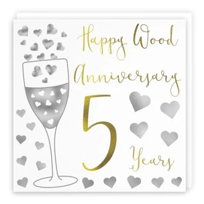 Image of Hunts England 5th Wedding Anniversary Card Happy Wood 5 Years Silver Hearts Collection For Couple, Husband, Wife, Friends