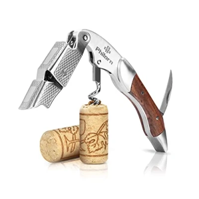 Image of Philorn Professional Wine Opener Corkscrew Bottle Beer Foil Cutter All in one Stainless Steel Cap with Rosewood Handle Best Choice of Housewives Sommeliers Waiters and Bartenders