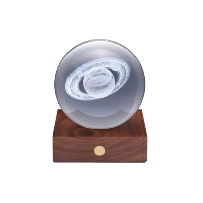 Image of Gingko Amber 3D Laser Engraved Premium Crystal Light with Wooden Walnut Base, LED Lights, Touch Control Button, 4 Brightness, USB C Charging, Packed in Gift Box (Saturn)