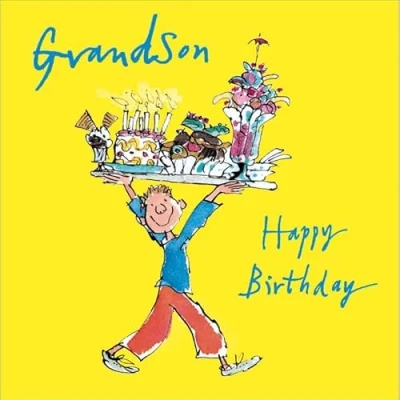 Image of Woodmansterne Grandson Birthday Card for Boys Boy with Tray of Celebration Cakes by Quentin Blake Eco Friendly and Recyclable
