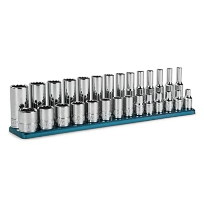 Image of Capri Tools 1/4 in. Drive 12 Point Shallow and Deep Socket Set, Metric, 4 to 15 mm, 28 Piece with Billet Aluminum Rail