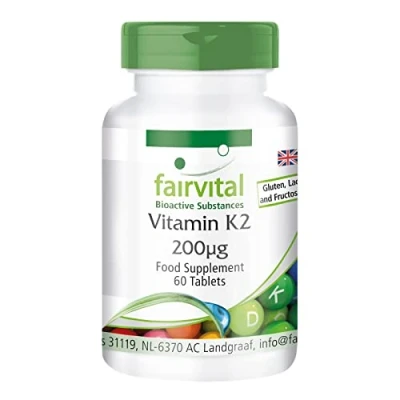 Image of Fairvital Vitamin K2 MK 7 200µg HIGH Dosage Menaquinone Natural &amp; Fermented from Natto Vegan 60 Tablets