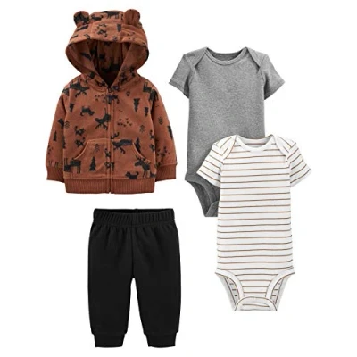 Image of Simple Joys by Carter&#039;s Baby Boys&#039; 4 Piece Jacket, Trouser, and Bodysuit Set, Black/Brown Reindeer/Grey Heather/White Stripes, 0 Months