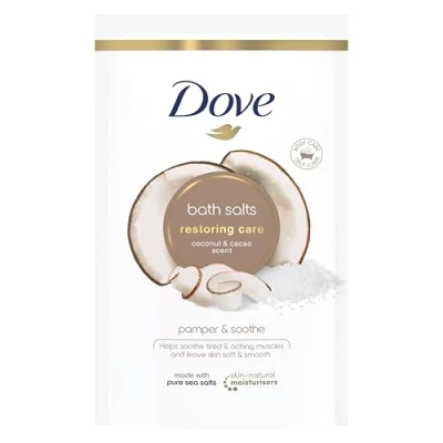 Image of Dove Restoring Care Coconut &amp; Cacao Bath Salts with skin natural moisturisers to relax your mind body, leaving smooth soft 900 g