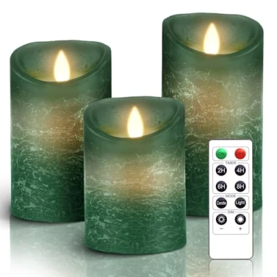 Image of AiiBowy LED Candles [3 Pieces] Flameless Candles, Outdoor Flickering Flame, Remote Control, Timing Function, Adjust Lights, Christmas, Birthday, Parties, Weddings Green