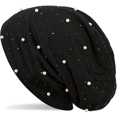 Image of styleBREAKER Beanie hat with Pearls and Rhinestone Studs, Long Slouch Beanie, Ladies 04024140, Colour:Black