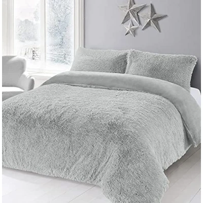 Image of Artistic Fashionista* NEW Soft Warm &amp; Cosy Teddy Bear Faux Fur Fleece CUDDLY Duvet Quilt Cover Pillowcases Bedding Set (Silver, Super King)