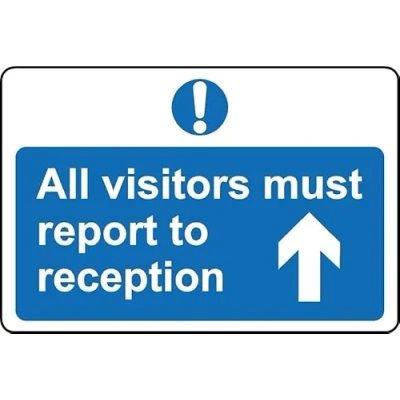 Image of All Visitors Must Report to Reception up Arrow Safety Sign 3mm Aluminium (600mm x 400mm)