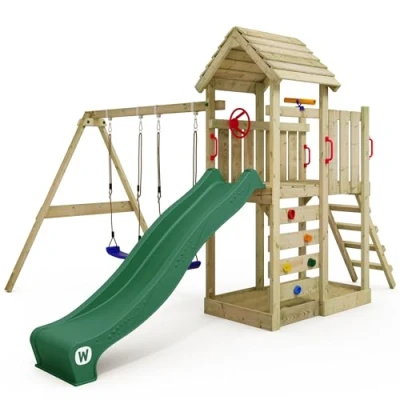 Image of WICKEY wooden climbing frame MultiFlyer with roof, swing set &amp; green slide, Outdoor kids playhouse sandpit, ladder play accessories for the garden