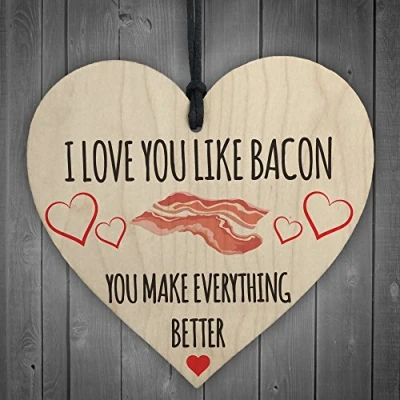 Image of RED OCEAN I Love You Like Bacon Novelty Wooden Hanging Heart Plaque Funny Kitchen Sign