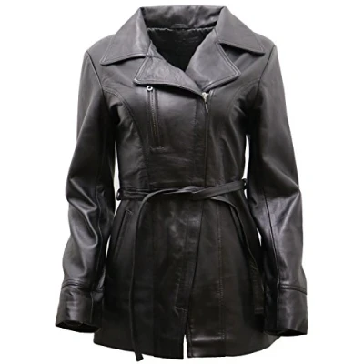 Image of Women&#039;s Black Nappa Leather Long Biker Jacket with Belt 18