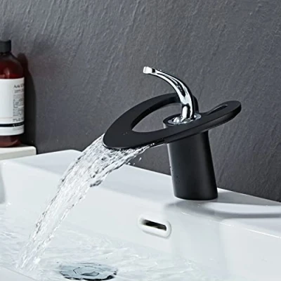 Image of Waterfall Basin Taps Bathroom Mixer Sink Tap Black Single Lever Hot and Cold Monobloc