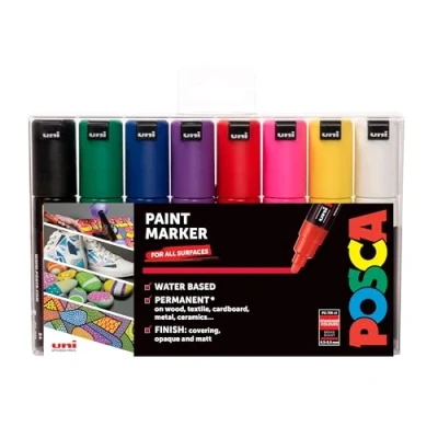 Image of POSCA PC 7M Permanent Marker Paint Pens. Broad Bullet Tip for Art &amp; Crafts. Multi Surface Use On Wood Metal Paper Canvas Cardboard Glass Fabric Ceramic Rock Pebble Stone Porcelain. Set of 8 Colours