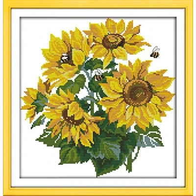Image of CaptainCrafts Cross Stitch Kits, Counted Unpreprinted Fabric DIY Art Embroidery Kits Needlework Crafts (Unpreprinted 14CT, Sunflower)