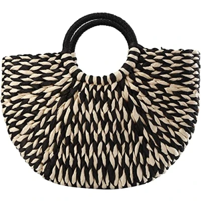 Image of OIDESA Straw Bag Woven HandbagsTigkley Women&#039;s Handbag Beach Large Capacity Simple Retro Handwoven Summer Tote Bag,Black and white (Color : Black White)