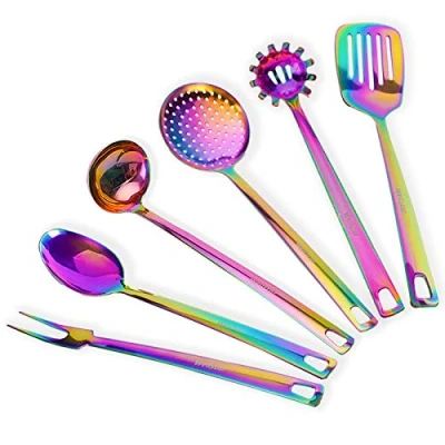 Image of Stainless Steel Kitchen Utensil Set,WELLSTAR Set 6 Piece, Cooking Rainbow Set,Cooking Turner Set,Fork,Slotted Spatula,Slotted Spoon,Spaghetti Server,Serving Spoon,Soup Ladle