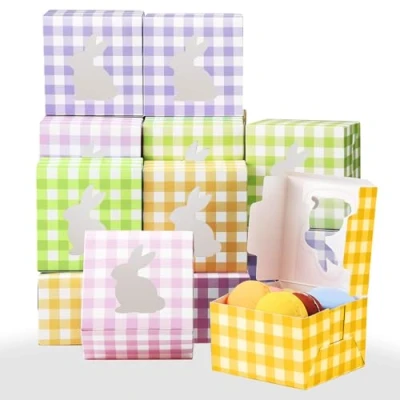 Image of Fogcosy 24 Pcs Easter Treat Boxes with Rabbit Window 4 Plaid Colors Cardboard Box for Cookie Goodie Candy Sweet Party, Party Egg Hunts Picnics Gift Favours
