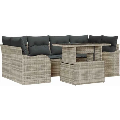 Image of vidaXL 7 Piece Garden Sofa Set with Cushions Light Grey Poly Rattan