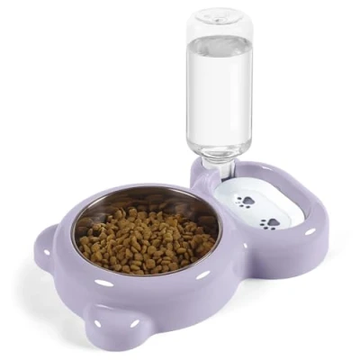 Image of Dog Bowls, Cat Food and Water Bowl Set with Dispenser Stainless Steel for Cats Small Dogs Purple