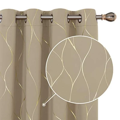 Image of Deconovo Home Decoration Eyelet Room Darkening Curtains, Gold Wave Foil Printed Curtains Energy Saving for Living Room, 52 x 72 Inch (Width Length), Taupe, One Pair