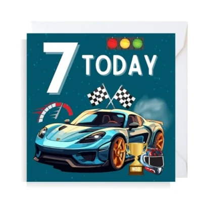 Image of Second Ave Racing Car 7th Birthday Age 7 Square Children&#039;s Kids Greeting Card for Boy or Girl