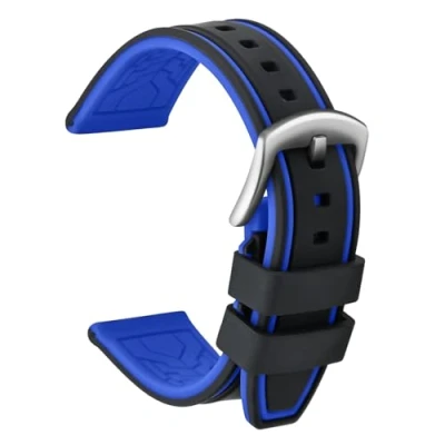 Image of ULLCHRO Silicone Watch Strap Replacement Rubber Band Waterproof Bicolor Men Women 20, 22, 24, 26mm Bracelet with Brushed Stainless Steel Buckle Silver (24mm, Black &amp; Blue)