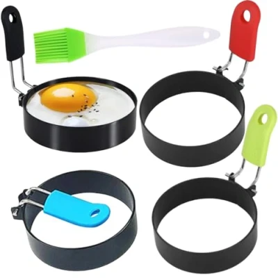 Image of YCWUOFYO Egg Rings for Frying,4 Pack Stainless Steel Rings,Non Stick with Anti Scald Folding Handle and an Oil Brush, Mold Fried Eggs Pancake Mini Burger Patty Molds