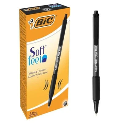 Image of BIC Soft Feel Ballpoint Pens, Retractable Ideal for School and Office, Medium Point (1.0mm), Black, Pack of 12