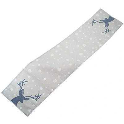 Image of Raebel Table Runner Long 40 x 175 cm Light Grey / White Ice Blue Print and Embroidery Deer Christmas Decoration Cover Ribbon