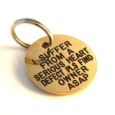 Image of KNIFE POINT ENGRAVED PET DOG, PUPPY, CAT, KITTEN ID TAG, DISCS SOLID BRASS, LASER (30MM ENGRAVE BOTH SIDES)