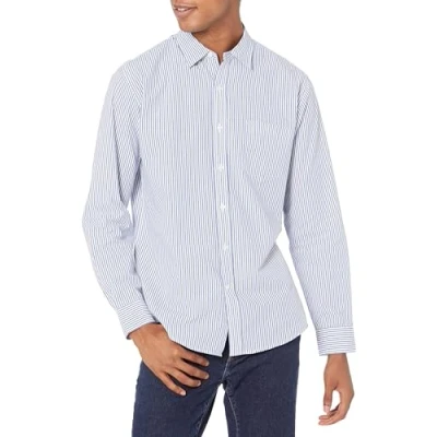 Image of Amazon Essentials Men&#039;s Regular Fit Long Sleeve Casual Poplin Shirt, Blue White Vertical Stripes, XS
