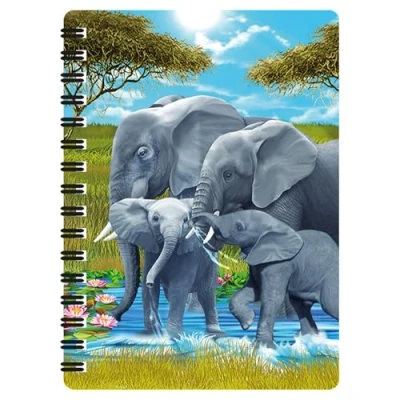 Image of 3D LiveLife Jotter Pachyderm Pals from Deluxebase. Lenticular Elephant A6 Spiral Notebook with plain recycled paper pages. Artwork licensed renowned artist Michael Searle