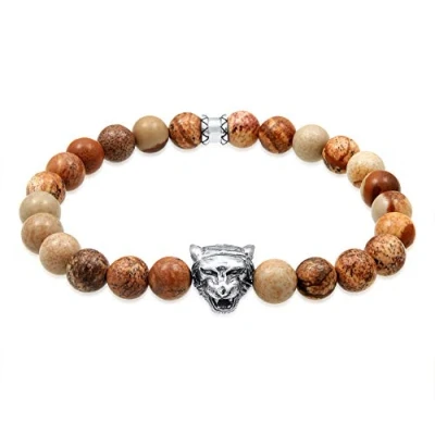 Image of Kuzzoi Buddha Men&#039;s Bracelet with brown Agate Gemstone Beads and 925 Sterling Silver Tiger Head Pendant, Elastic, Yoga Bracelet, Energy 0201490719