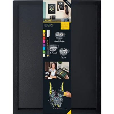 Image of Securit Woody Black Chalkboard Set with Markers, 40 x 60cm Hanging Blackboard, Memo Board, Wipeable Blackboard Chalk Pen for Office, Kitchen or Weddings