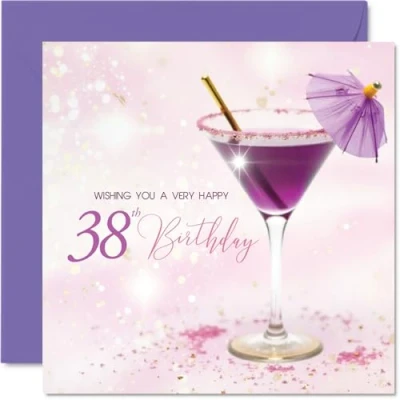 Image of 38th Birthday Cards for Women Purple Cocktail Happy Card 38 Year Old Woman Friend Sister Neighbour Wife, 145mm Bday Greeting